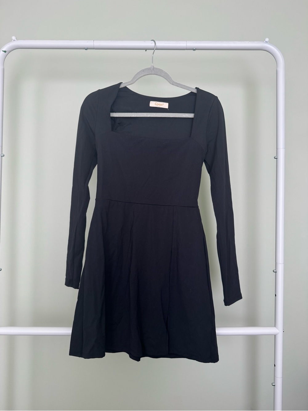 Square-Neck Long-Sleeve Black Mini Dress